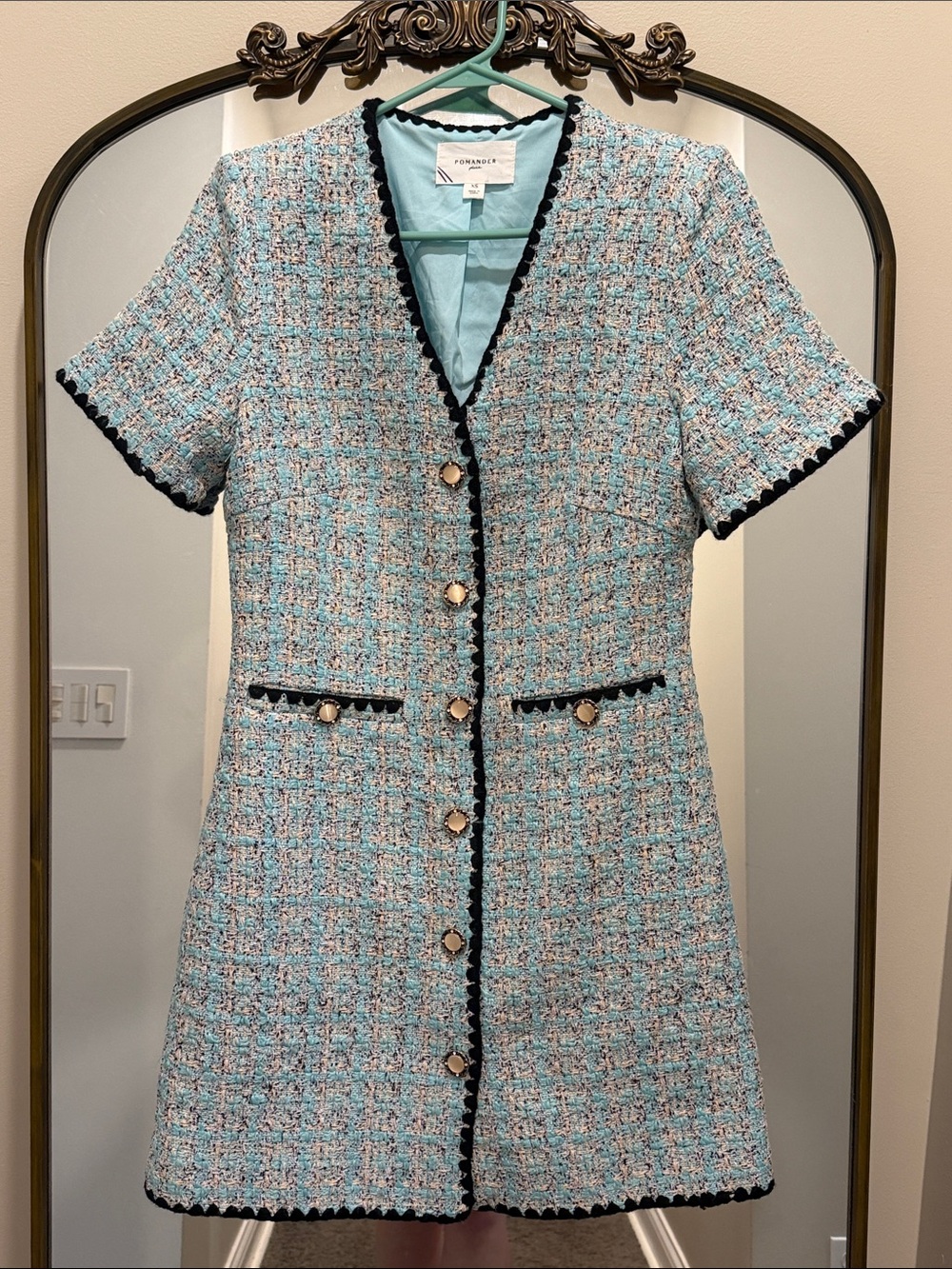 Pomander Place Light Blue Tweed Mini Dress with Black Trim